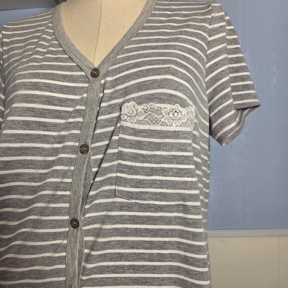 Ekouaer Small Gray White Lace Detail V Neck Button Up Summer Nightgown - Picture 3 of 9